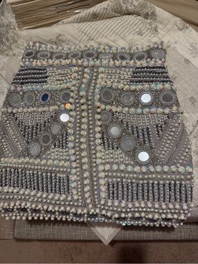 Embellished Beaded Skirt in Gray and Ivory